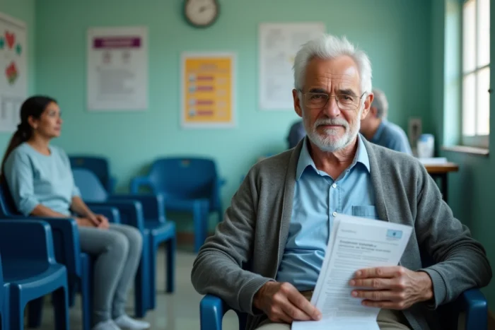 Homme âgé dans une salle d'attente de clinique communautaire, illustrant l'accès aux services de santé comme déterminant