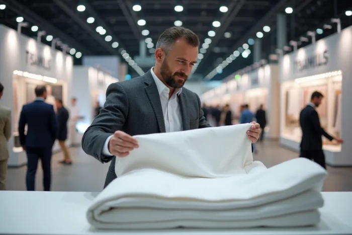 Acheteur en textile examinant un tissu de coton égyptien dans un salon professionnel international