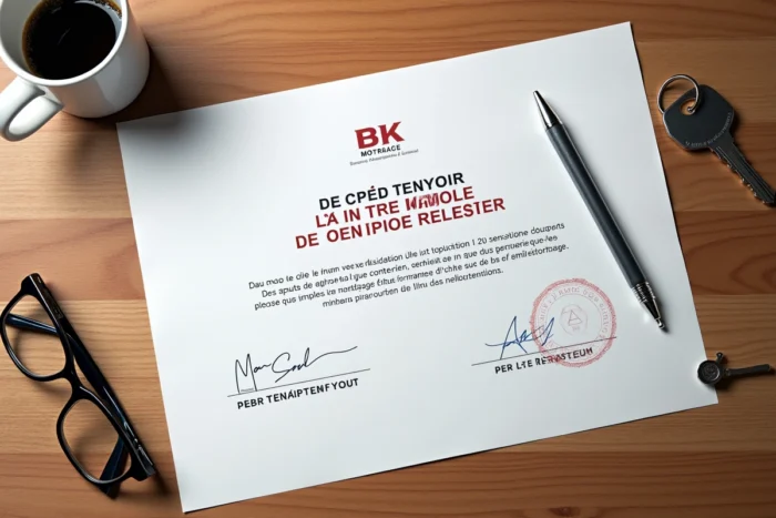 Vue aérienne d'un acte de mainlevée d'hypothèque signé avec une clé de maison sur un bureau en bois