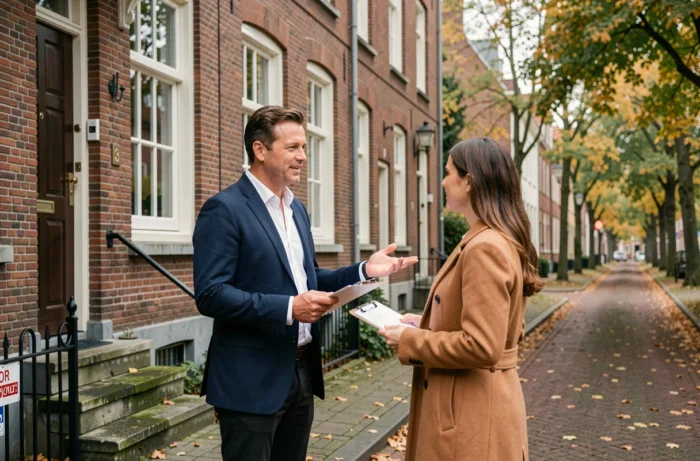 Agent immobilier présentant une maison de ville belge en briques à une cliente potentielle en automne