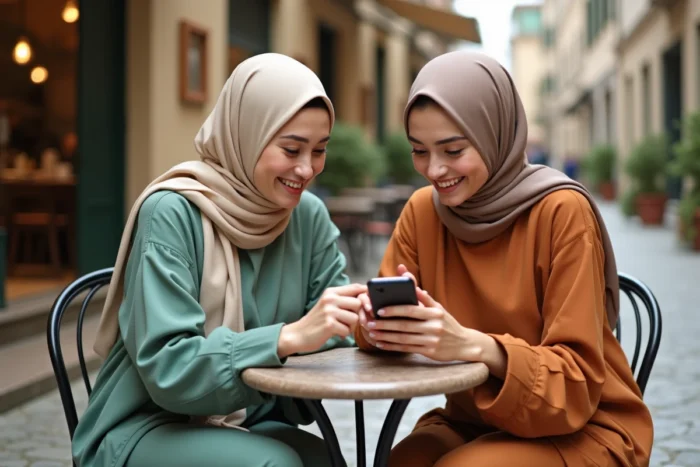 Deux amies en djilbeb colorés consultant un smartphone en terrasse de café pour faire leur shopping de vêtements islamiques en ligne
