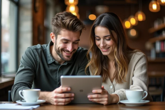 Deux amis comparant des plateformes de streaming alternatives sur une tablette dans un café urbain