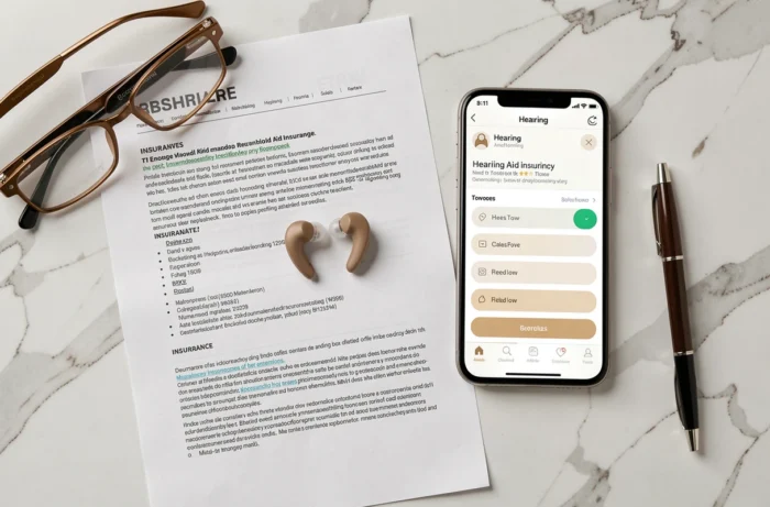 In-ear hoortoestellen liggen op een verzekeringsovereenkomst en een smartphone, wat de ondertekening van een garantie voor hoortoestellen symboliseert