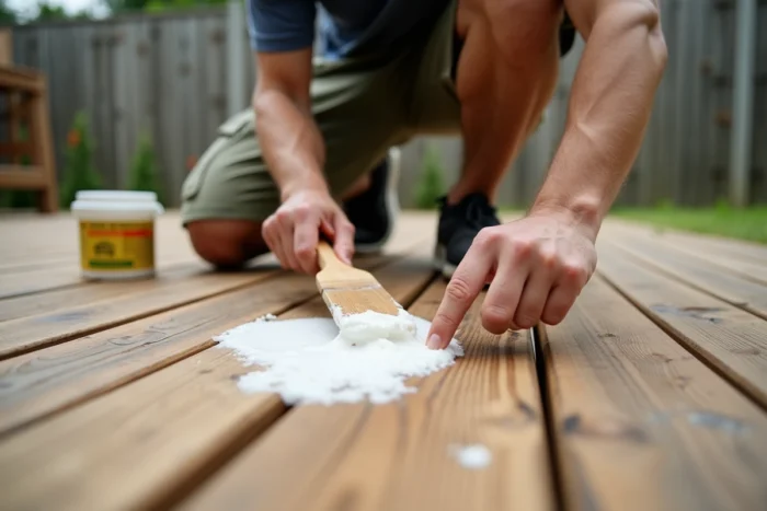 Homme appliquant une pâte nettoyante sur une tache de résine de pin sur une terrasse en bois