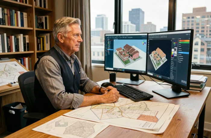 Architect man die werkt aan een 3D-sitemapsoftware met dubbele monitor en afgedrukte kaarten