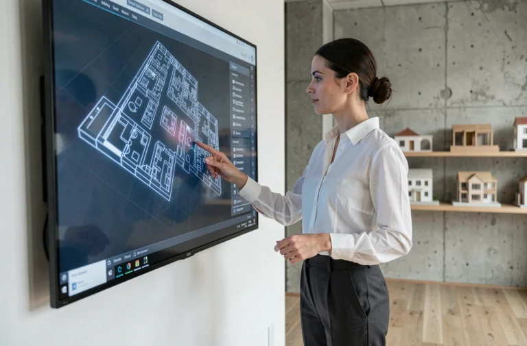 Architecte femme naviguant un plan de site 3D sur écran tactile dans un studio moderne