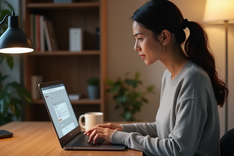 Femme consultant l'historique de commandes Amazon sur un ordinateur portable dans un bureau à domicile