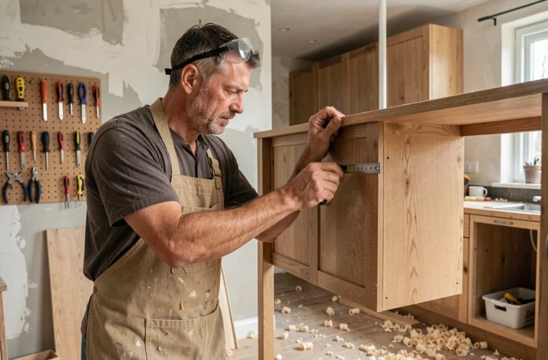 Artisan menuisier qualifié ajustant un meuble en bois sur mesure dans une cuisine en cours de rénovation