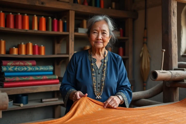 Artisane indienne inspectant un tissu de soie brodée dans un atelier de tissage traditionnel