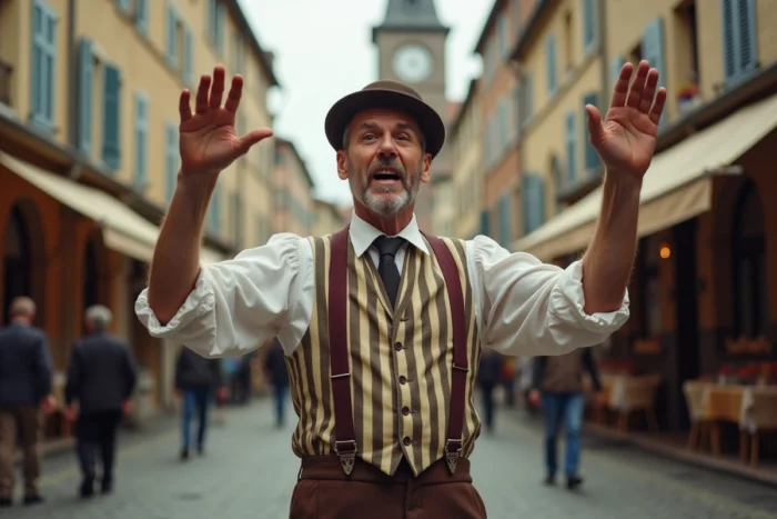 Artiste de rue en costume vintage levant les mains dans un marché français, évocateur de l'expression populaire haut les mains