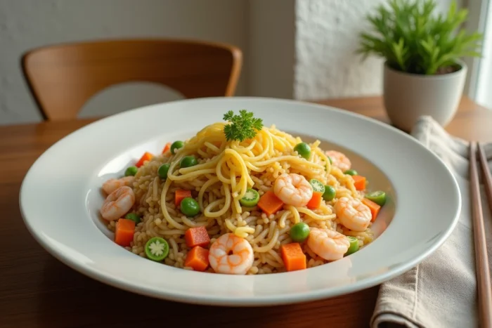 Assiette de riz cantonais maison avec crevettes, œufs brouillés et légumes sur une table en bois, représentation réaliste du plat au cœur des conseils de prévention alimentaire
