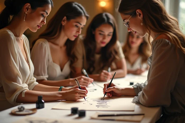 Calligraphe guidant des invités lors d'un atelier de lettering sur marque-places pendant un mariage à Lyon