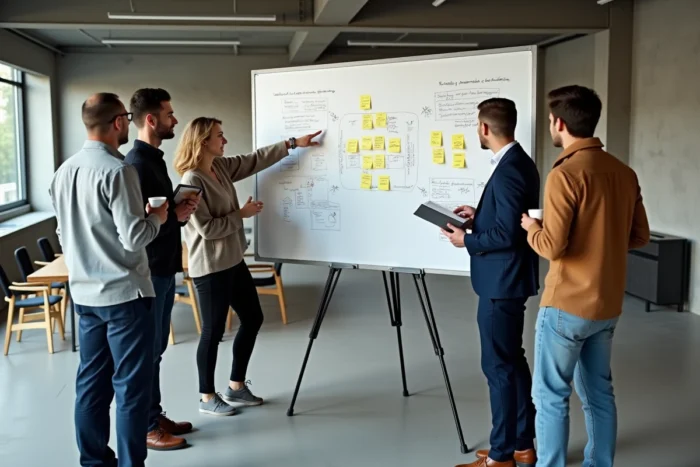 Un groupe d'entrepreneurs français collaborant sur une stratégie d'entreprise lors d'un atelier Boost 4 Business