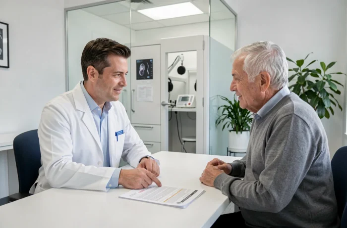 Audioloog legt de verzekeringsgaranties voor hoortoestellen uit aan een oudere patiënt in een moderne kliniek