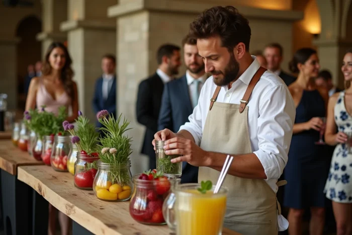 Mixologue itinérant préparant des cocktails zéro déchet pour des invités lors d'une animation de mariage à Lyon