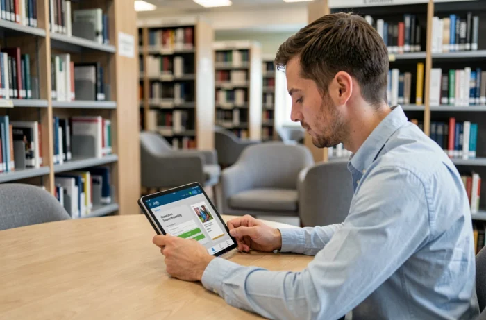 Homme accédant à des magazines numériques via Cafeyn sur une tablette dans une bibliothèque publique
