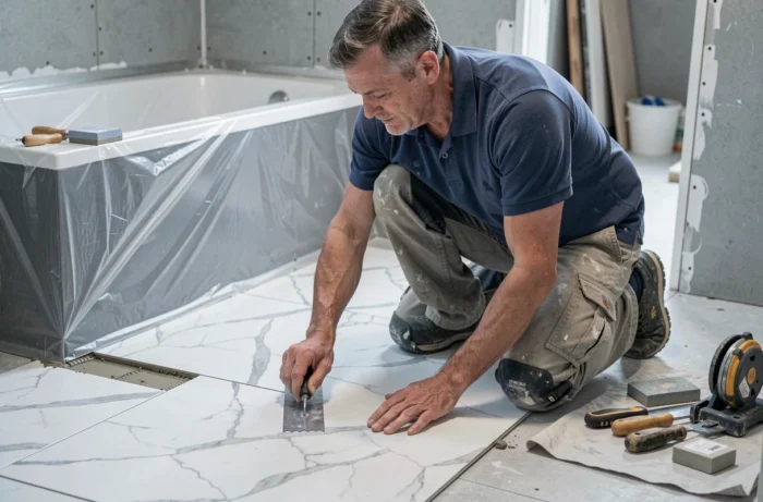 Profissional de azulejos instalando um revestimento em mármore em um banheiro em reforma