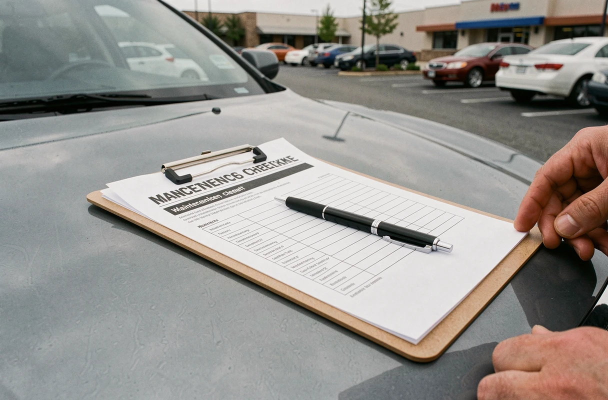 Checklist de première révision automobile posée sur le capot d'un véhicule neuf chez un concessionnaire