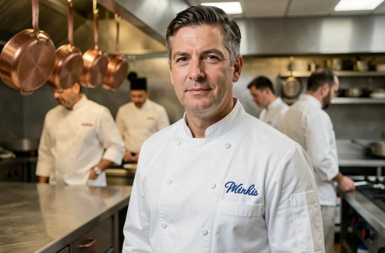 Chef cuisinier étoilé en veste blanche dans une cuisine gastronomique parisienne de haut standing