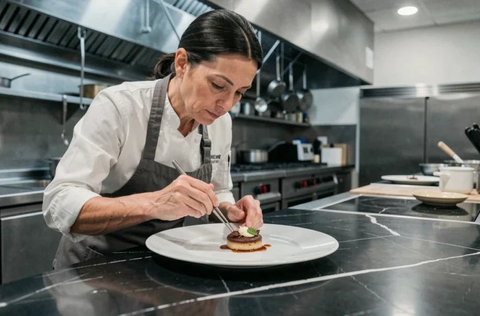 Cheffe cuisinière en train de dresser une assiette gastronomique avec précision dans un restaurant étoilé moderne