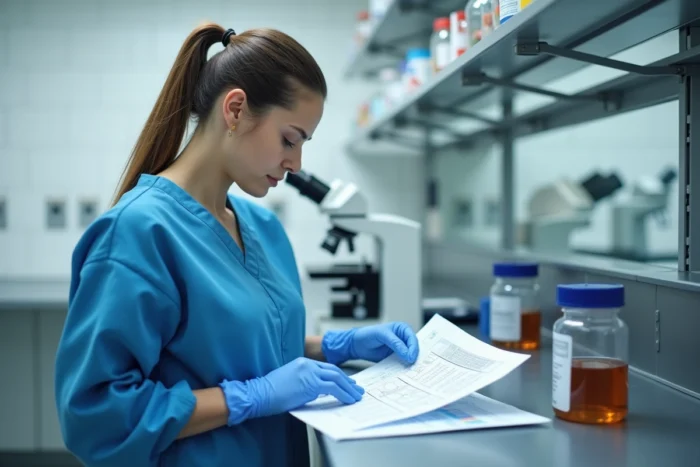 Chercheuse médicale en laboratoire analysant des données cliniques liées à une maladie rare