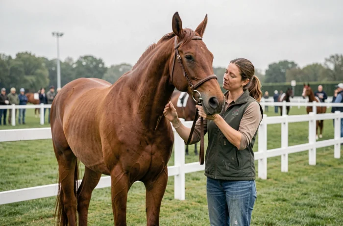 Cheval favori du quinté dans le paddock d'un hippodrome français accompagné d'une palefrenier