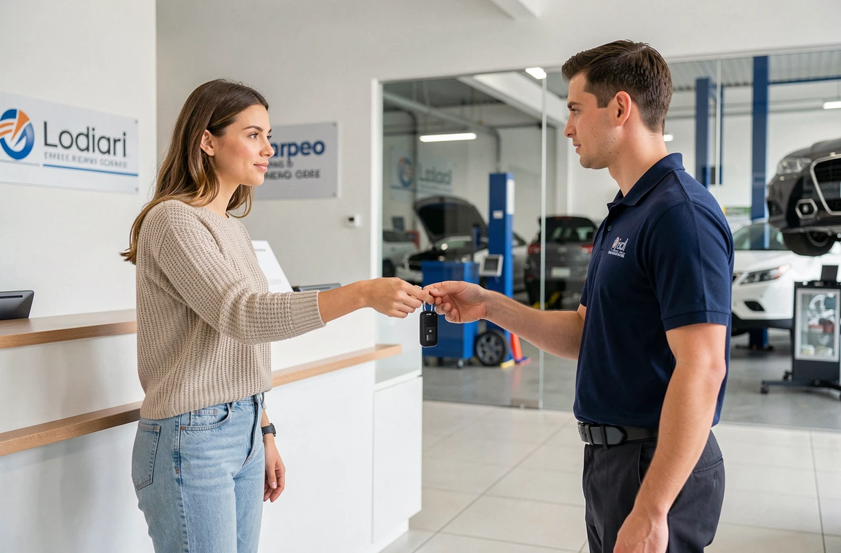 Cliente déposant les clés de sa voiture neuve à l'accueil du service après-vente pour la première révision