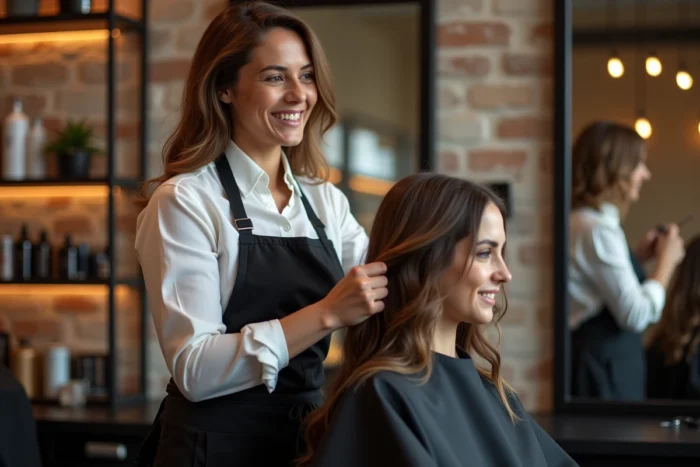Coiffeuse professionnelle en tablier noir coiffant une cliente dans un salon de beauté moderne avec miroirs et produits capillaires