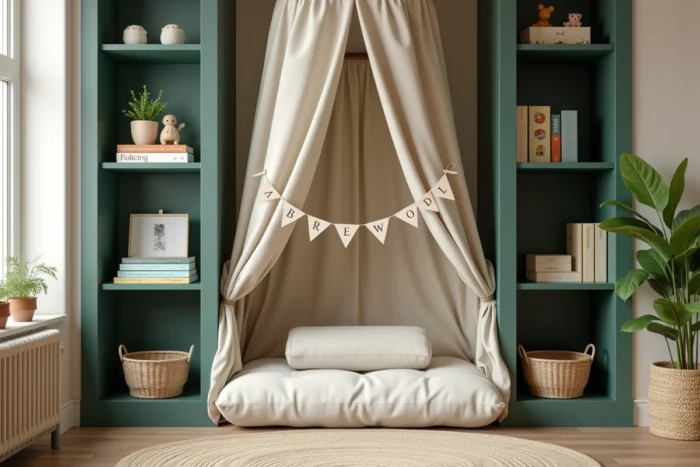 Coin lecture cosy dans une chambre bébé avec alcôve en bois vert forêt, tapis en lin, livres cartonnés et baldaquin en mousseline naturelle