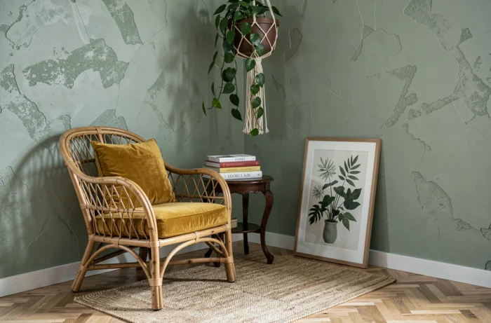 Coin lecture cosy avec fauteuil en rotin, coussin moutarde, livres de décoration et mur en plâtre texturé vert sauge dans une chambre