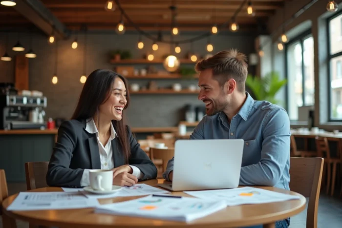 Deux jeunes entrepreneurs discutant d'une stratégie de business en ligne autour d'un ordinateur portable dans un café urbain