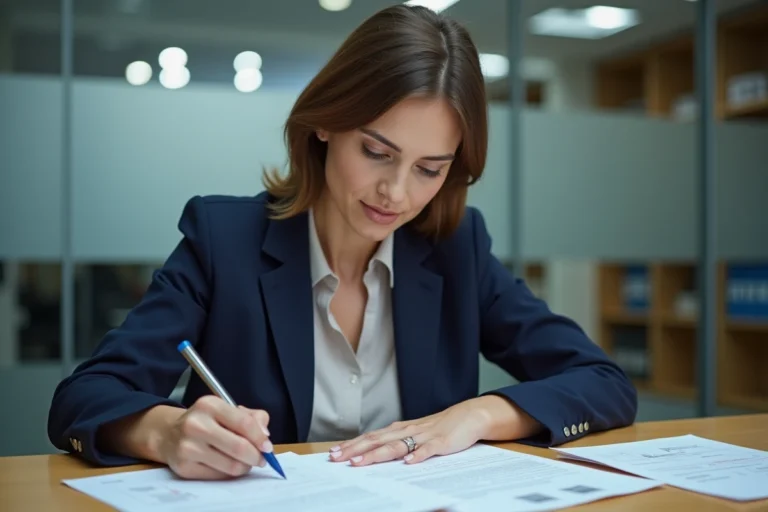 Femme fonctionnaire examinant un dossier de demande de logement social dans un bureau municipal