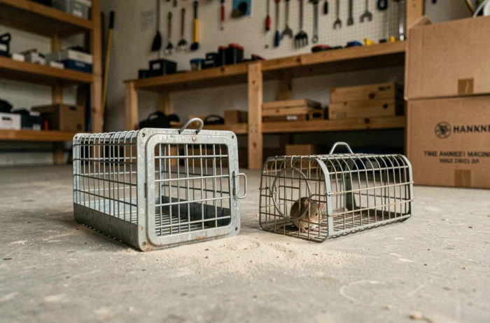 Twee modellen van vangkooien voor steenmarters geplaatst op een betonnen vloer in een particuliere garage