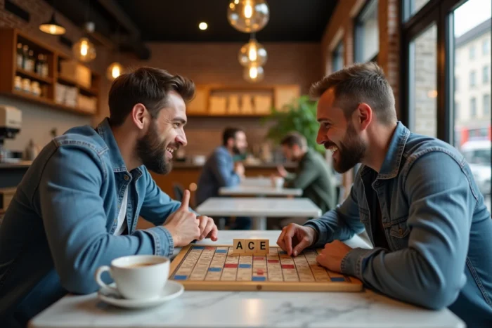 Deux hommes en compétition autour d'un plateau de Scrabble dans un café, le mot ACE visible sur une case bonus