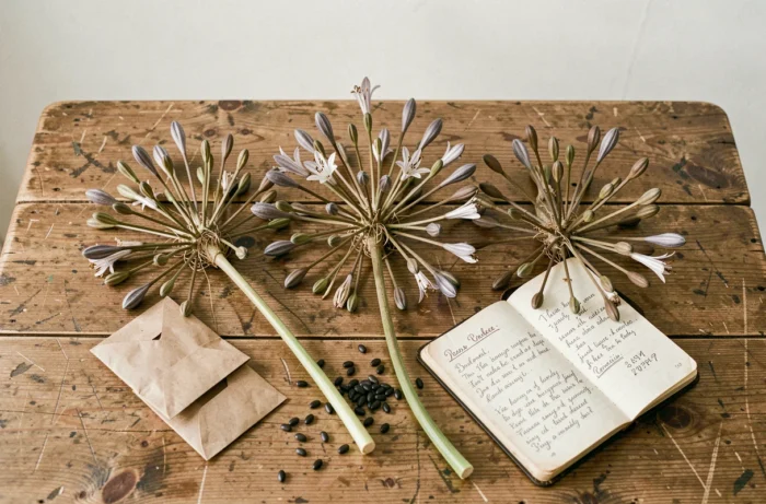 Composition à plat de fleurs d'agapanthe fanées avec graines séchées et enveloppes kraft sur table en bois