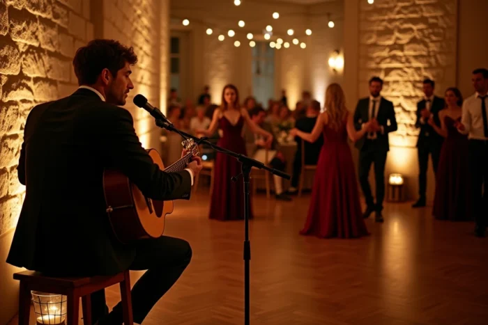 Duo acoustique de guitare et voix jouant un concert unplugged en fin de soirée de mariage devant des invités qui dansent à Lyon
