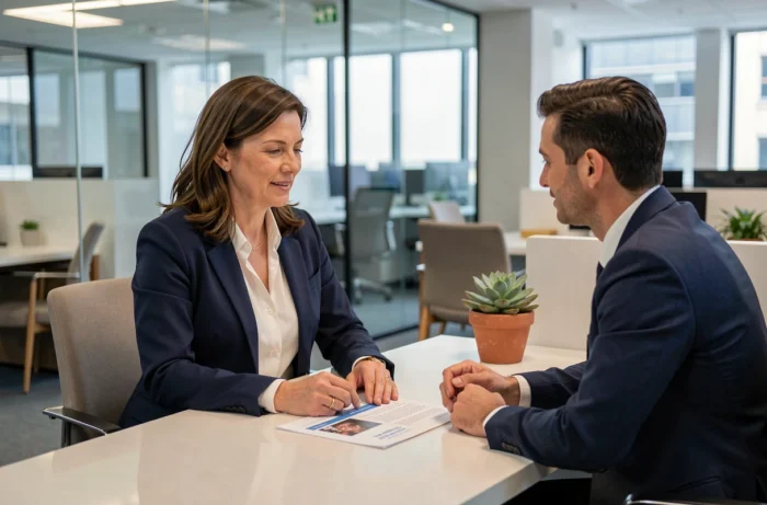 Femme en rendez-vous avec un conseiller bancaire pour discuter d'un crédit et comparer les solutions de financement