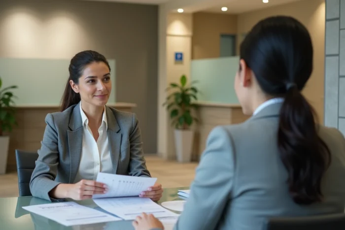 Femme consultant un conseiller bancaire pour les démarches de mainlevée d'hypothèque