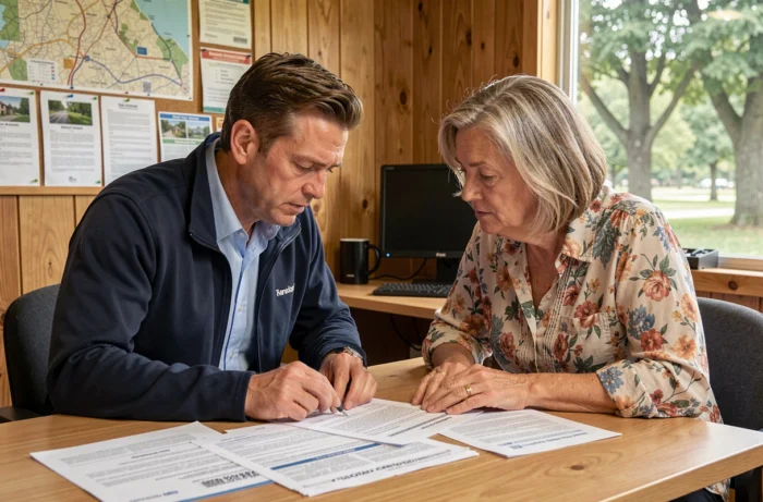 Conseiller juridique et propriétaire de mobil-home examinant des documents réglementaires dans un bureau de gestion de parc résidentiel