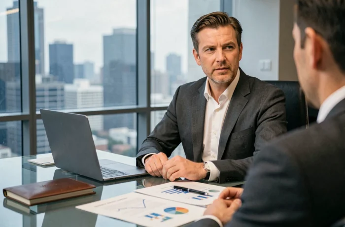 Conseiller en gestion de patrimoine présentant une stratégie d'investissement à un client dans un bureau moderne