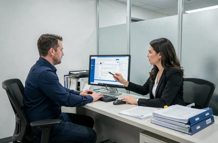 Homme recevant l'aide d'une conseillère CAF pour transférer un email dans une agence administrative