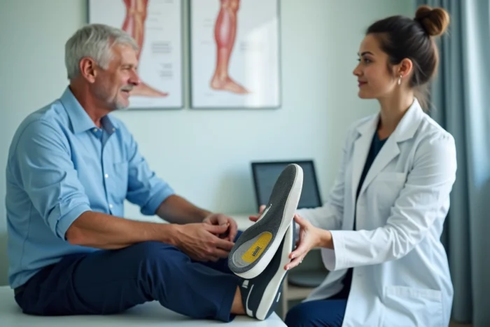 Podologue examinant les pieds d'un patient portant des semelles orthopédiques Dr Scholl lors d'une consultation médicale en cabinet