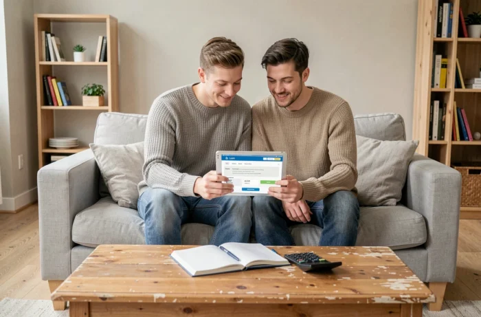 Jeune couple comparant des offres de crédit sur tablette dans leur salon, entouré de documents financiers et d'une calculatrice