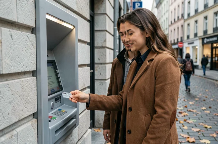 Una pareja realizando un retiro bancario en un cajero automático en una calle urbana europea en otoño