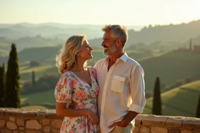 Couple élégant d'origine italienne sur une terrasse avec vue panoramique sur les collines toscanes