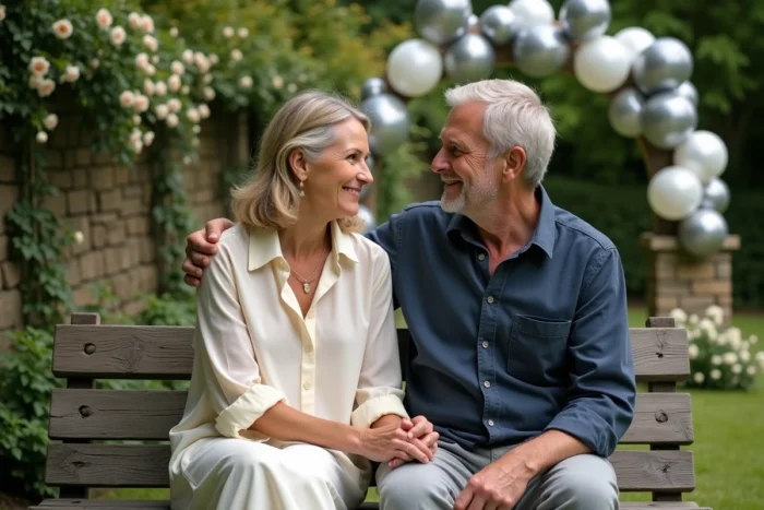 Couple assis dans un jardin fleuri tenant la main pour célébrer leurs 25 ans de mariage lors d'une fête en plein air