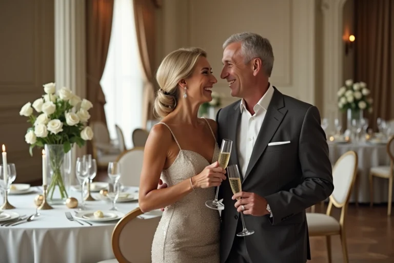 Couple élégant célébrant ses 25 ans de mariage avec des flûtes de champagne dans une salle à manger décorée pour les noces d'argent