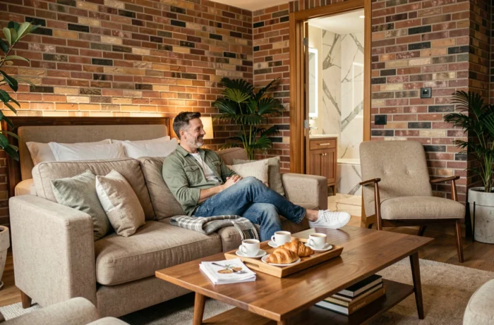 Couple profitant d'une pause détente dans un salon d'hôtel dayuse avec café et viennoiseries