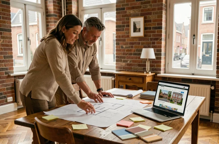 Couple belge examinant des plans architecturaux pour un projet immobilier dans une maison de ville rénovée