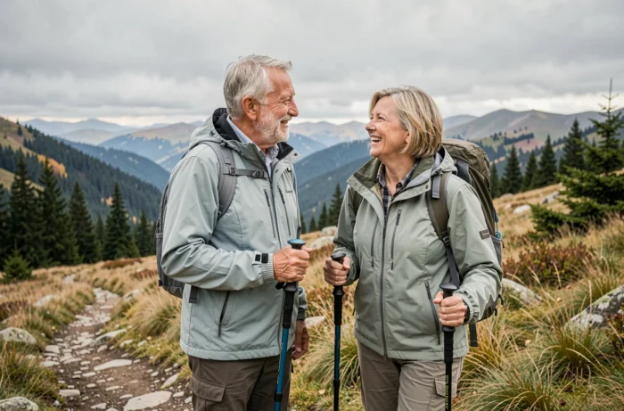 Koppel van gepensioneerden in de zeventig die samen in de bergen wandelen, wat een vervuld, actief pensioen in de natuur belichaamt